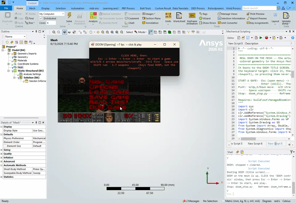 DOOM rendered in the Ansys Mechanical 3D viewport, scripting pane open