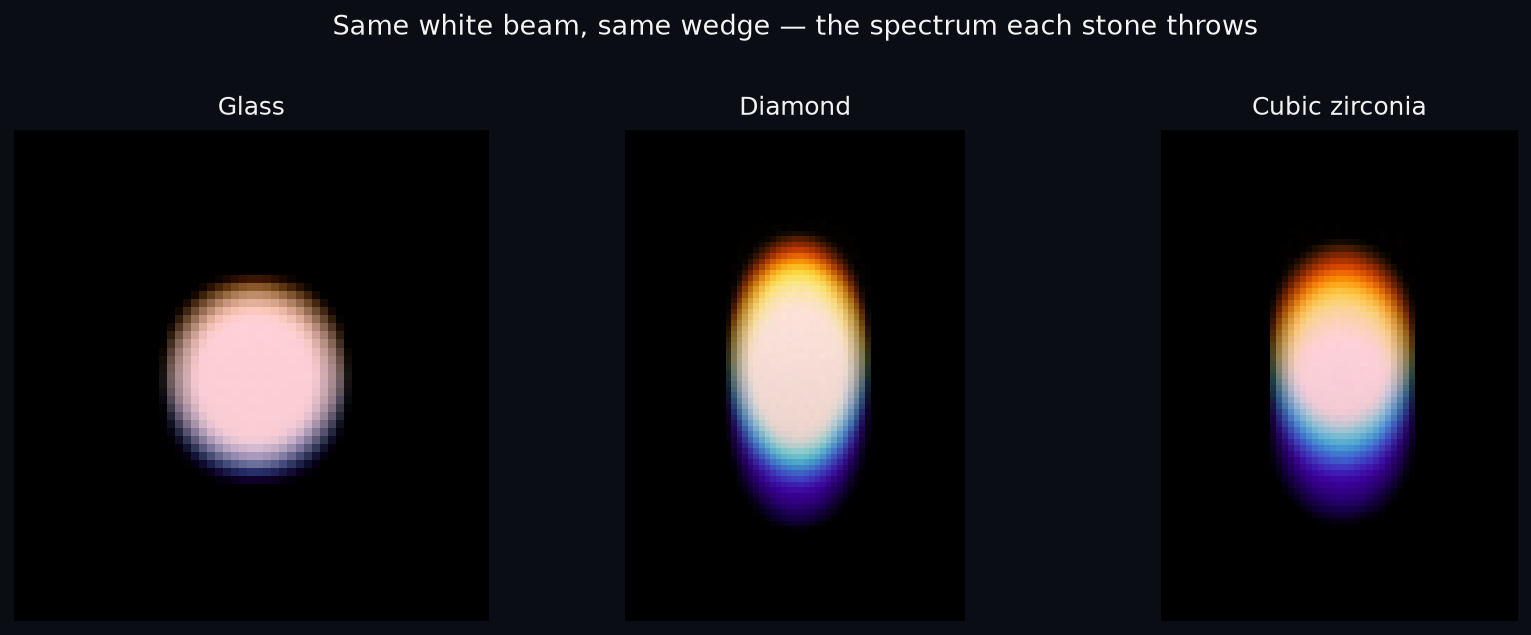 The spectrum thrown by glass, diamond, and cubic zirconia from the same white beam