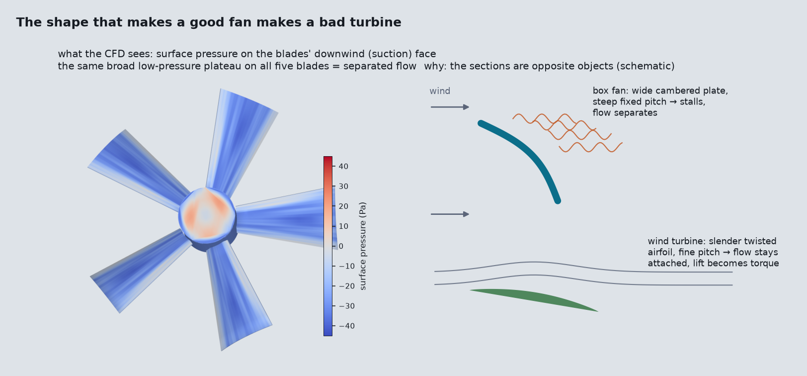 Left: the rotor blades' downwind face colored by surface pressure from the CFD, the same broad smooth low-pressure plateau on all five identical blades. Right: schematic sections of a wide cambered fan plate at steep pitch versus a slender twisted turbine airfoil at fine pitch.