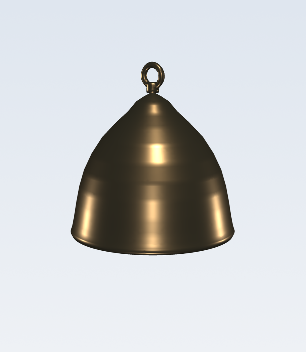 The bronze bell CAD model: flared mouth, thick sound-bow, concave waist, and a crown loop to hang it by