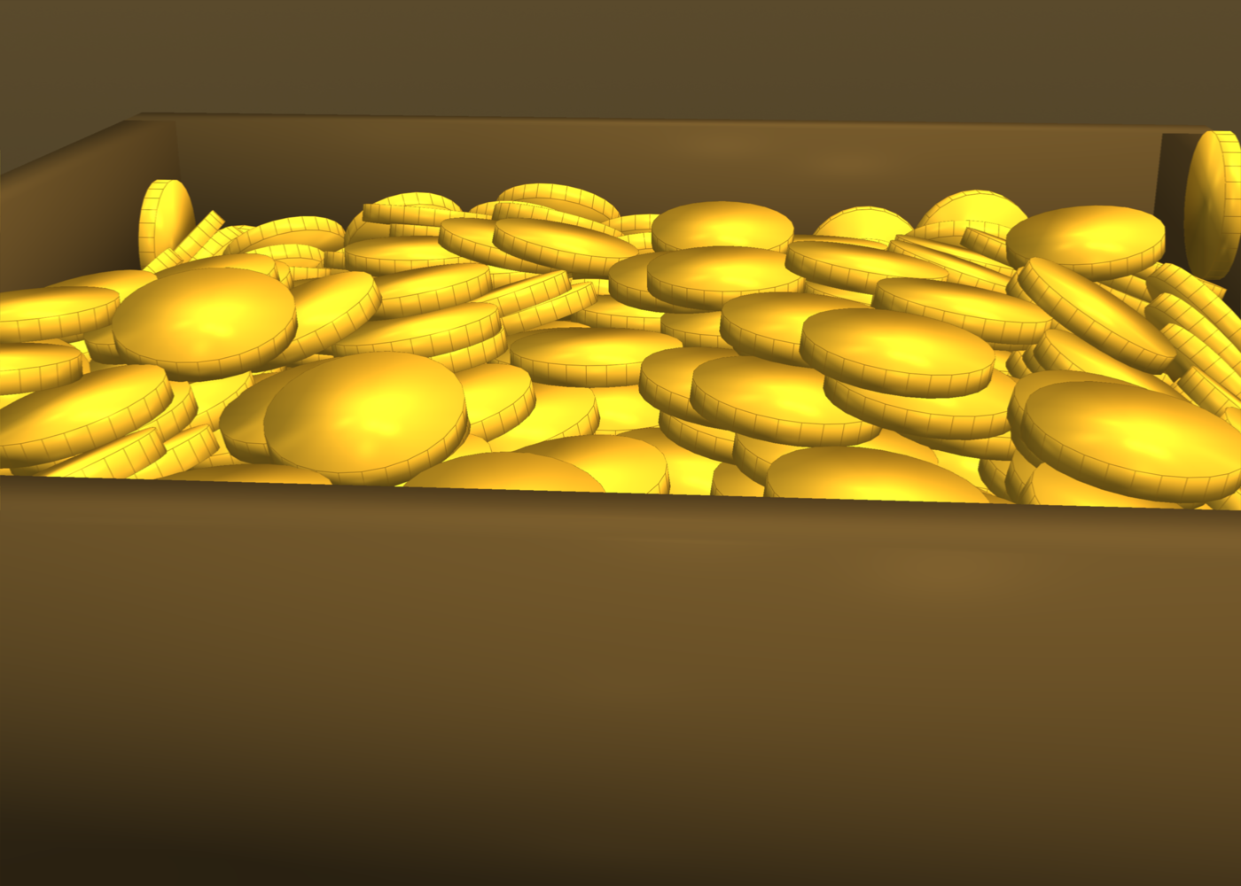 A chest filled to the brim with thin gold coins interlocked at every angle.