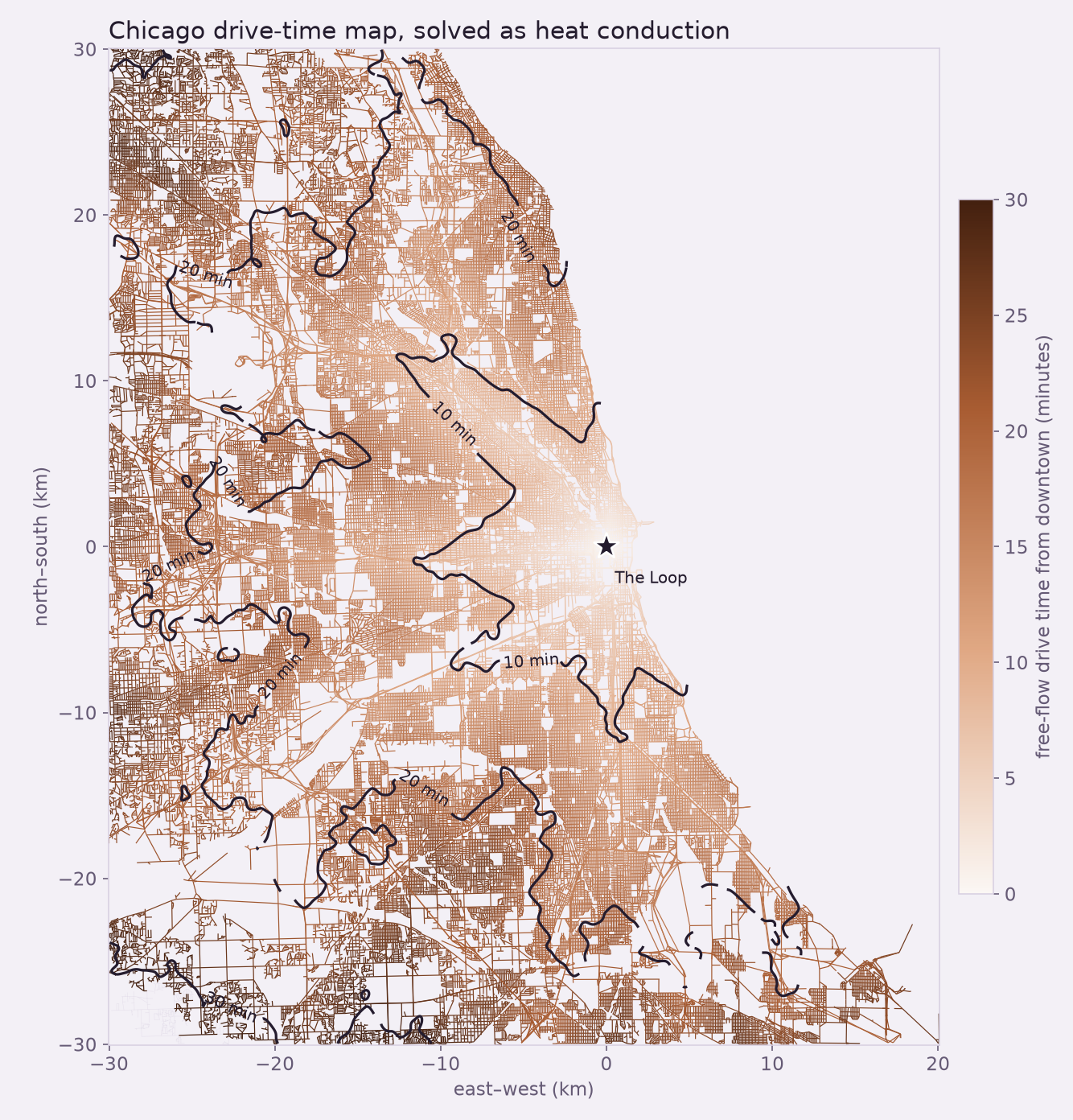 Chicago drive-time map from downtown, computed by heat conduction, with 10/20/30-minute rings