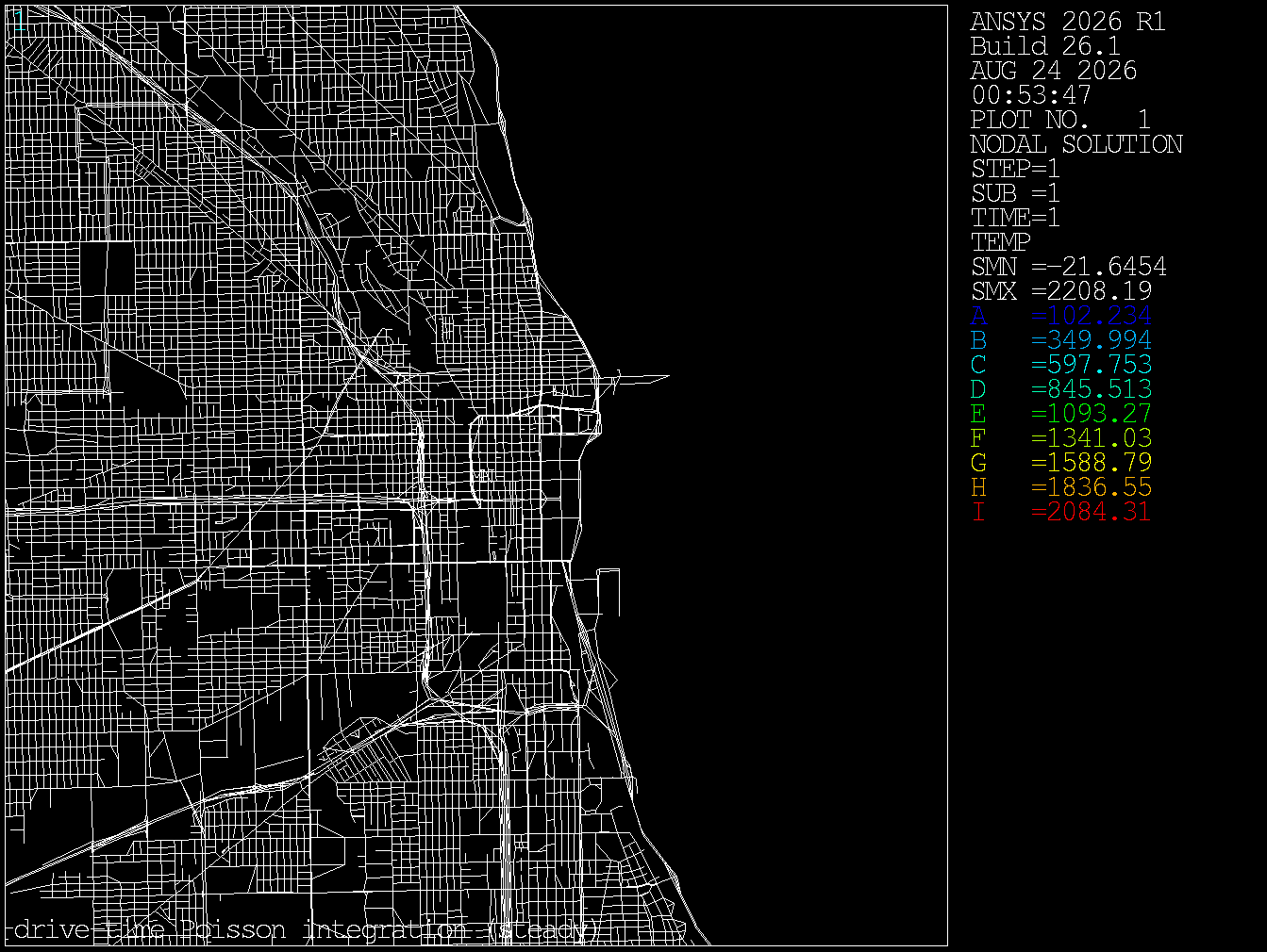 Native Ansys MAPDL contour plot of the drive-time field on the Chicago street mesh
