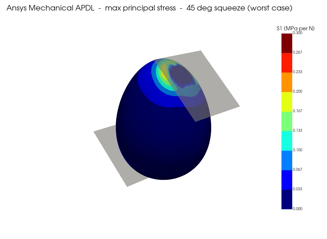 Ansys Mechanical APDL banded max-principal-stress contour of the egg under an oblique squeeze, with the concentration ringing the contact