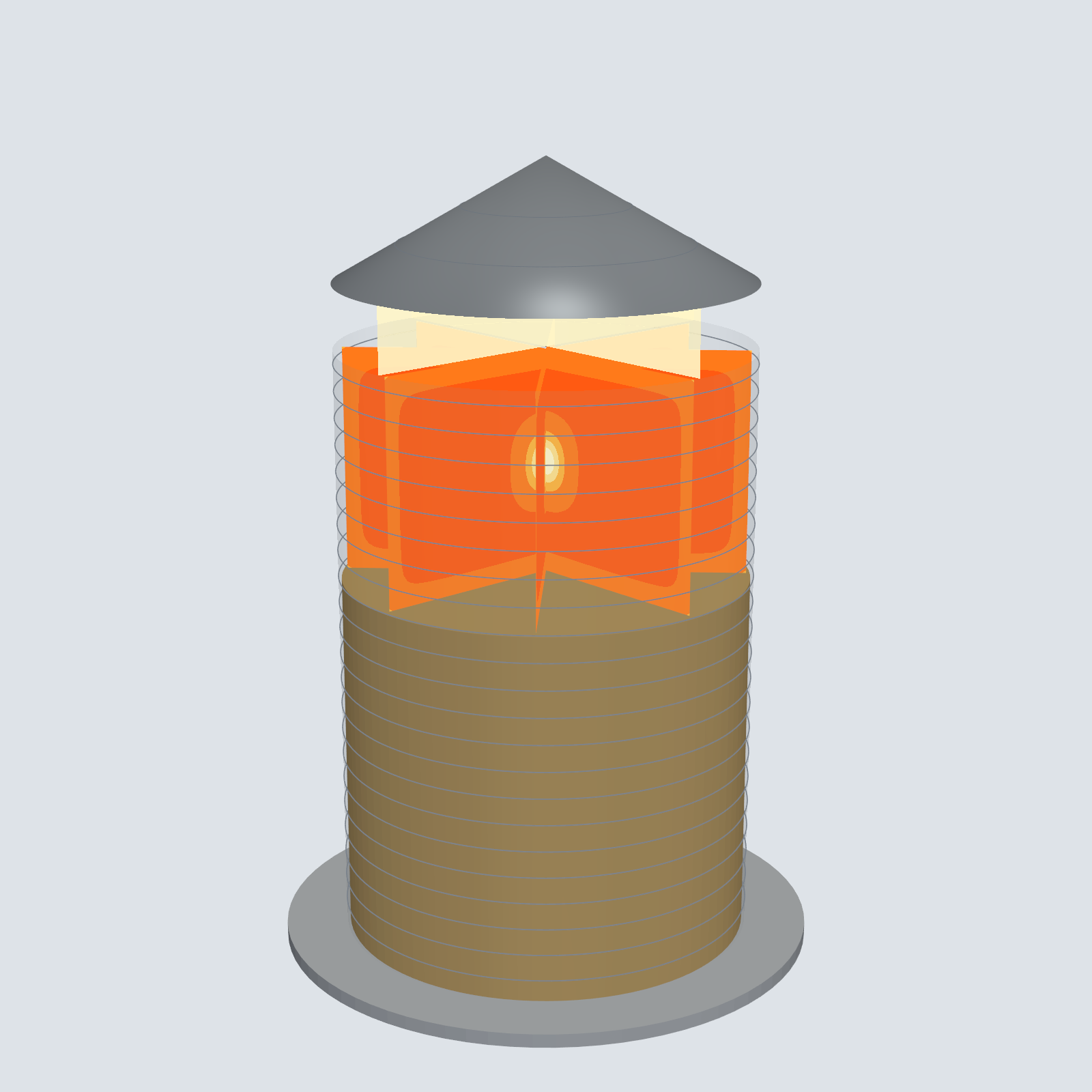 Cutaway of a grain bin at the instant of a dust explosion, the headspace filled with a flame colored by temperature.