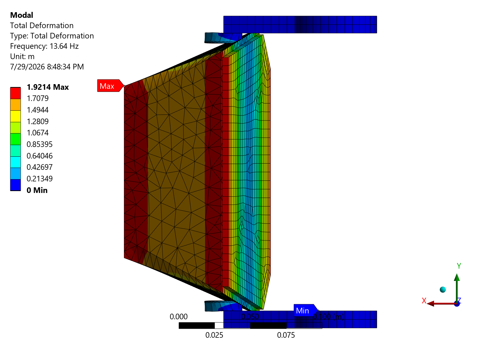 Ansys Mechanical contour of the first mode shape of the headlight assembly
