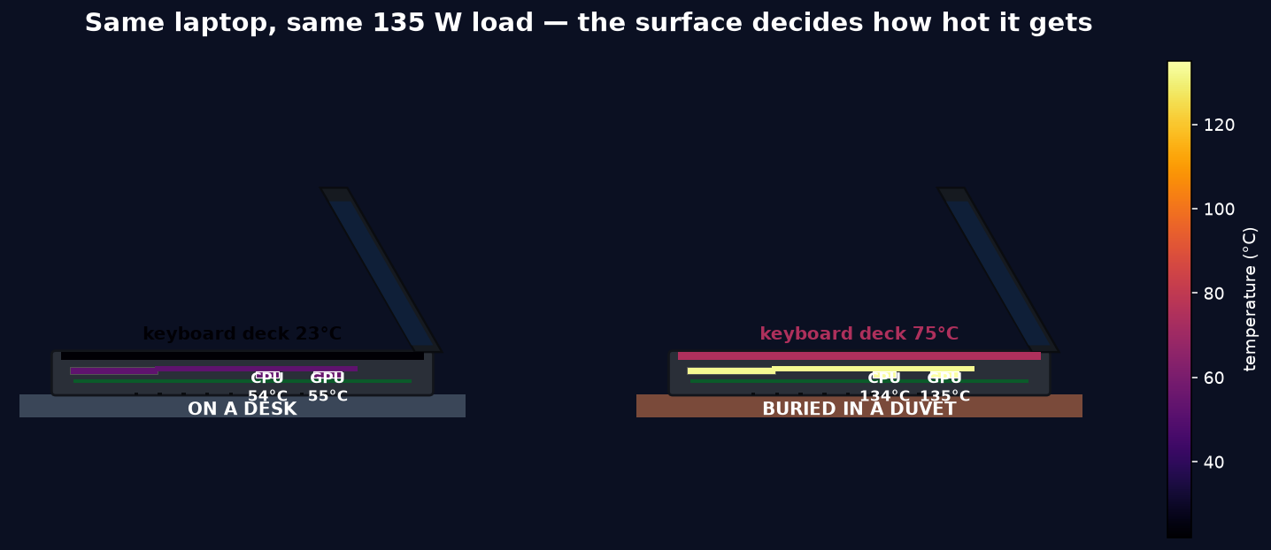 Side-profile cutaway of the two laptops showing the CPU, GPU, copper spreader, fin stack and keyboard deck coloured by temperature