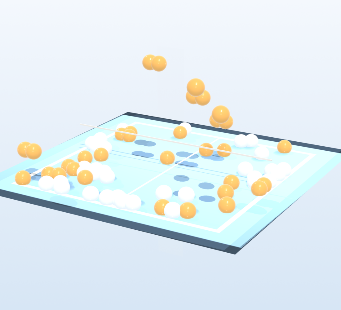 Mid-cascade frame: orange and white ping-pong balls in flight and scattered across a table-tennis surface, several clusters still airborne