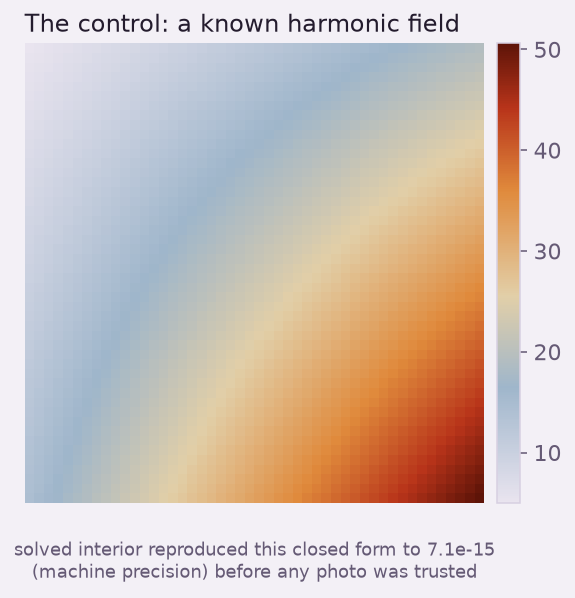 A known harmonic field rendered as a thermal contour, used as the solver control.